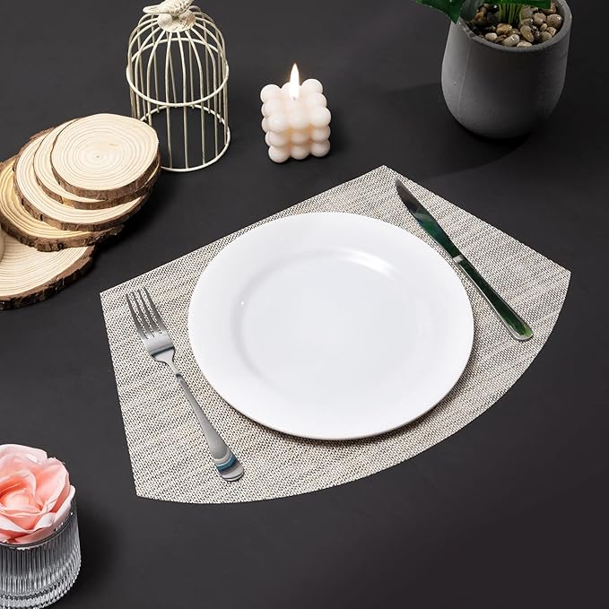 SHACOS Wedge Placemats Set of 8 Woven Vinyl Placemats for Round Curved Table Place Mats Wipe Clean Non Slip Table Mats, Beige White Black