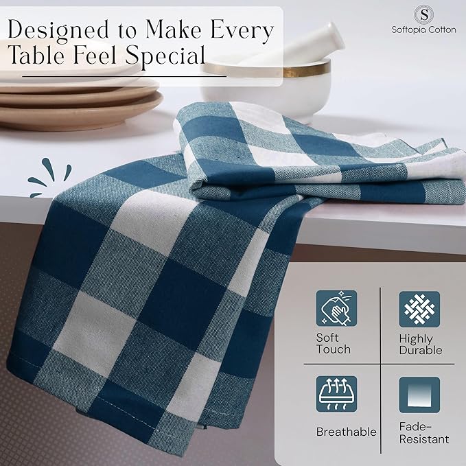 Buffalo Plaid Cloth Napkins, Set of 4, Soft, Durable, Wrinkle Free Fabric Napkins, Checked Napkins for Dinner, Wedding, Restaurant, Buffet, Party, Christmas - Teal White (16”X16”)