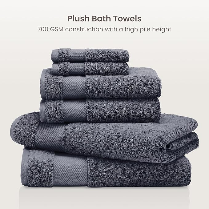 BIOWEAVES 100% Organic Cotton 700 GSM Plush 6-Piece Towel Set GOTS Certified, 2 Bath Towels, 2 Hand Towels & 2 Washcloths - Charcoal