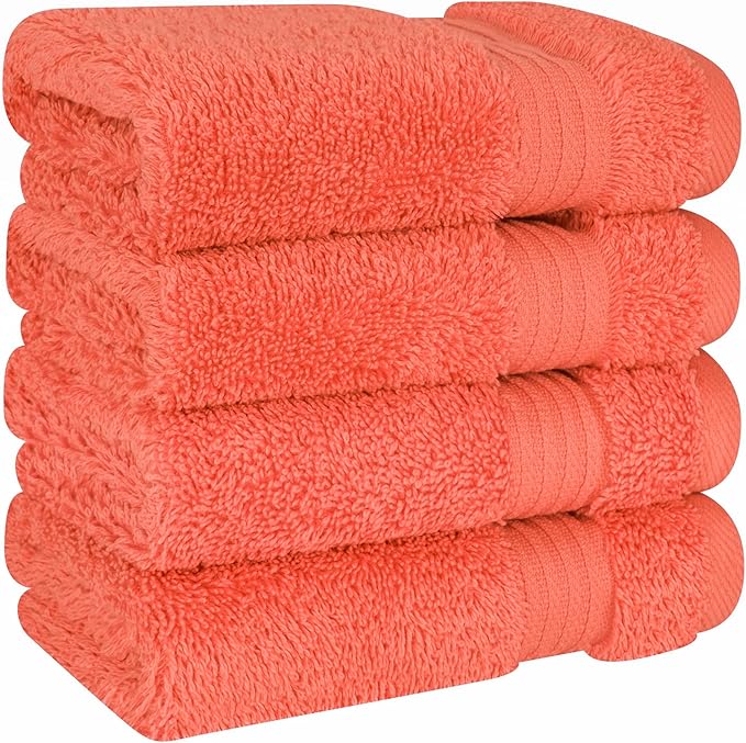 Cotton Paradise 100% Cotton Turkish Washcloth Set for Bathroom, 4 Piece Soft Absorbent Small Towels Wash Rags, Coral