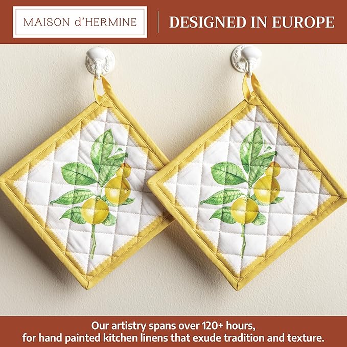Maison d' Hermine Pot Holders 100% Cotton Heat Resistant Potholders 8" x 8" Hot Pads with Loop BBQ Cooking Baking Gifts for Mothers Day Handling Hot Pans Spring/Summer (Pack of 2, Limoncello)
