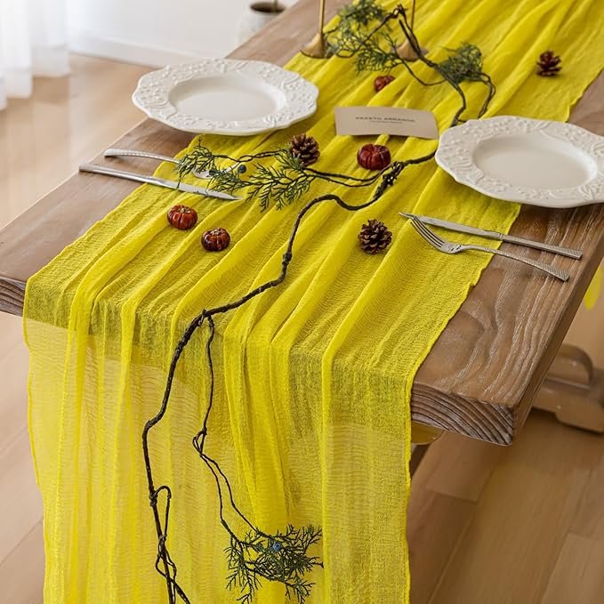 Keketoarrange 6pcs Yellow Gauze Rustic Cheesecloth Table Runner 120 Inch 10 FT for Wedding Baby Shower Bridal Shower Birthday Engagement Garden Outdoor Party Long Sheer Boho Decorations