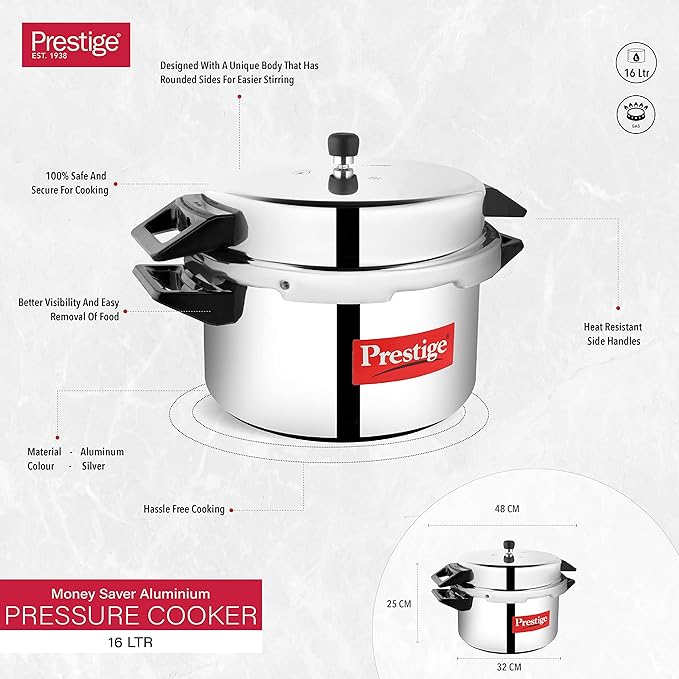 Prestige Popular Aluminium Pressure Cooker, 16 Liters