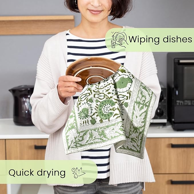 CPC Agate Green Hand Block Print Waffle Kitchen Towel Set of 3-16 x 28 Inch Ultra Absorbent Quick Dry Cotton Dish Towels Lightweight Reusable Sustainable Tea Towels for Cleaning and Drying