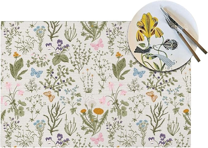 Vintage Wildflowers Placemats Set of 4, Herbs Plants Dining Table Mats, Washable Cute Botanic Spring Summer Sage Green Place Mats for Kitchen Dinner Parties Decor12 x18