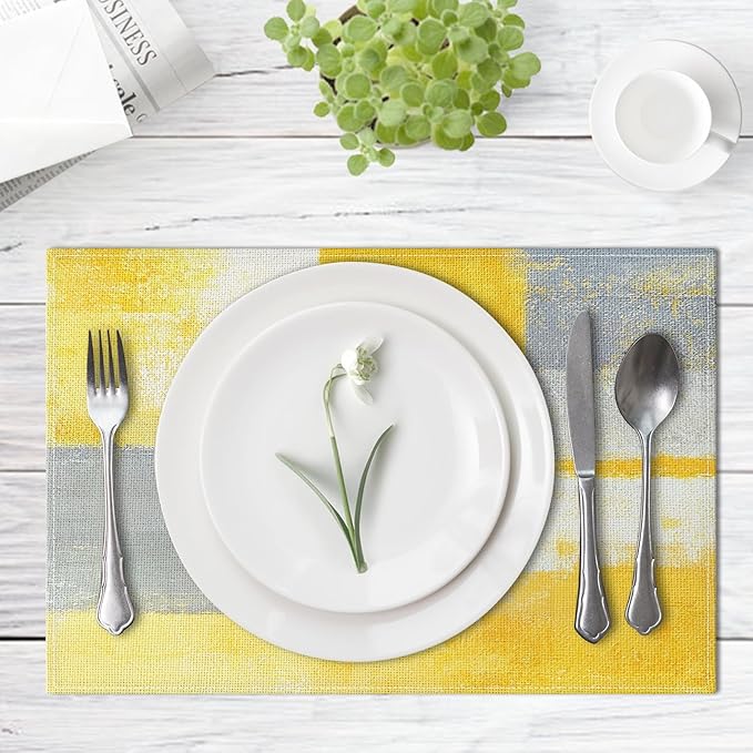 Emvency Farmhouse Placemats Set of 4, 12x18 Inch Modern Grey White and Yellow Art Painting Table Mats for Outdoor Home Party Kitchen Dining Decoration