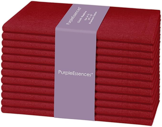 PurpleEssences Set of 12 Cloth Dinner Napkins 100% Cotton 18x18 Inch - Soft Durable Washable - Ideal for Farmhouse Party Spring Easter Summer - Perfect Everyday Use Table Linen - Red