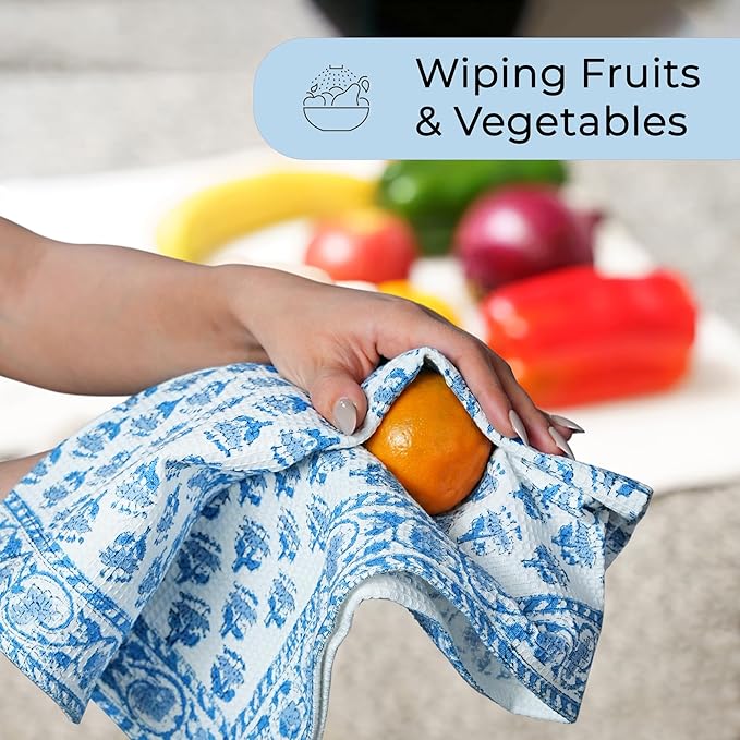 CPC Apatite Blue Hand Block Print Waffle Kitchen Towel Set of 3-16 x28 Ultra Absorbent Quick Dry Cotton Dish Towels Lightweight Reusable Sustainable Tea Towels for Cleaning and Drying
