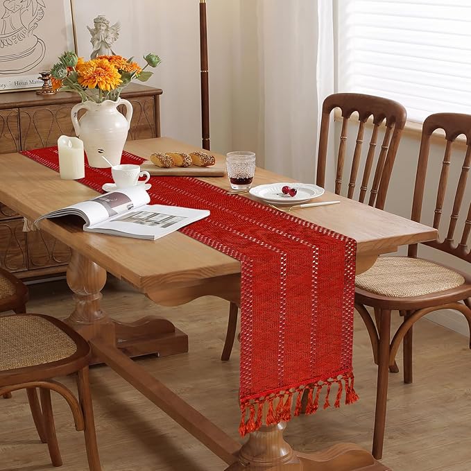 Niviy Christmas Table Runner for Red Tassel Home Decor 108 Inches Long, Winter Xmas Holiday Rustic Macrame Cotton Linen Woven Coffee Table Runners for Christmas Dining Table Decoration, Red