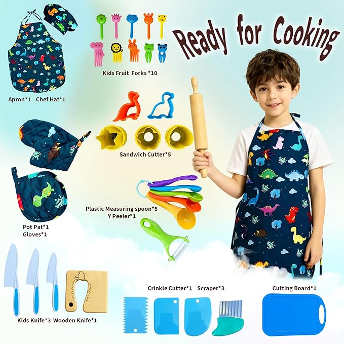 Kids Cooking and Baking Chef Set, Apron Chef Hat Accessories Complete Cooking Set, Dress Up Pretend Play Career Role Play Costume Toys Thanksgiving for Boys Girls