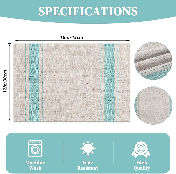 CSFOTO Modern Minimalist Line Decorative Placemats Set of 4 Heat-Resistant Non-Slip Kitchen Table Mats Khaki Woven Rectangle Placemats for Dining Table 18"x12" Washable, Light Blue Stripe