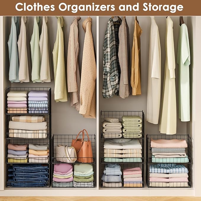 Yociyoga 4-Tier Stackable Closet Organizers and Storage Shelves, Clothes Shelf Organizer Basket Bins, Foldable Sweater Storage for Closet Organizer System, Black (Patent Pending)