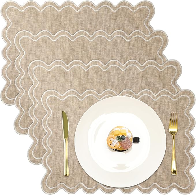 Set of 4 Cotton Linen Placemats, 13x19 Inch Scalloped Wavy Embroidery Placemat Double Layered Washable Rustic Rectangle Dinner Table Mats for Kitchen Wedding Home Party Decor(Flax)
