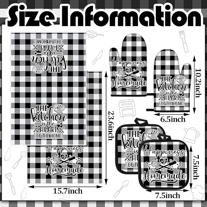 Sratte 6 Pcs Kitchen Decor Accessories Set Farmhouse Towels Pot Holders Oven Mitts Set 2 Dish Towels 2 Potholders 2 Cooking Mittens Oven Glove for Christmas Baking Cooking Supply(Black White,Kitchen)