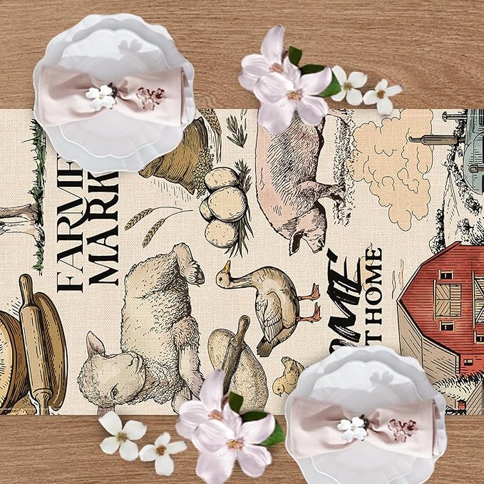 Farm Animals Dining Table Runner, Farmhouse Country Cow Lamb Pig Chicken Duck Barn Tractor Burlap Kitchen Decoration, Farmer Market Indoor Outdoor Sweet Home Decor Party Supply 13 x 108 Inches