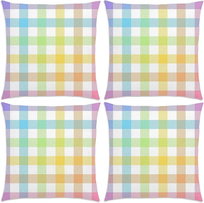 Pudodo Easter Buffalo Plaid Check Throw Pillow Covers 18x18 Set of 4 Spring Holiday Party Decoration for Home Bed Couch Sofa (18" x 18")