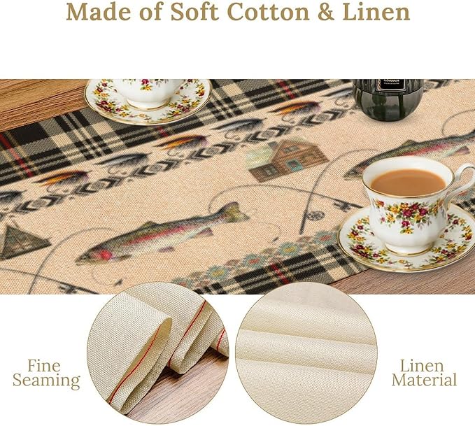 Fishing Table Runner Vintage Rustic Cabin Rods Lure Southwestern Check Art Printed Dinner Runner for Home Kitchen Dining Table Decor Fabric 1 Panel W13xL108in