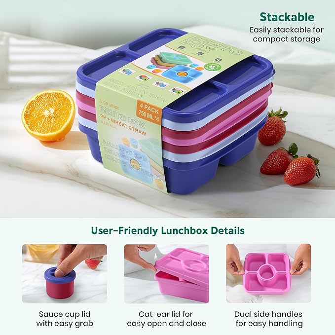 QQKO Bento Snack Box Containers for Adults Kids, Meal Prep Containers Reusuable Bento Lunch Box, Lunchable Food Storage Containers with Lids and Sauce Cups, Grape