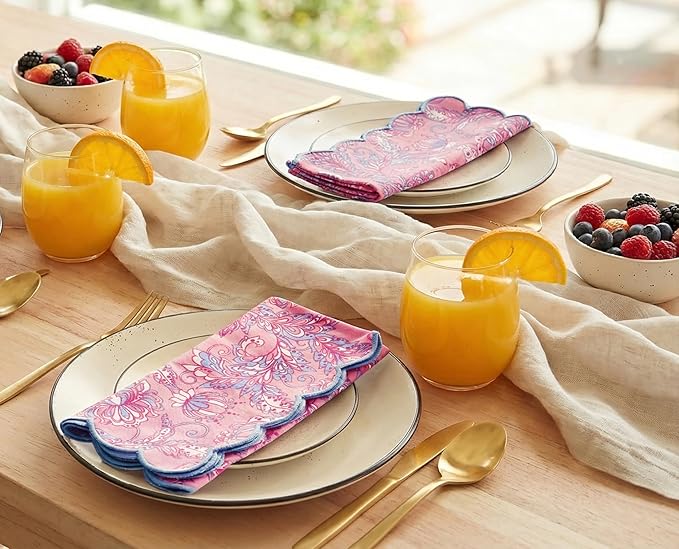 PurpleEssences Scalloped Embroidery Kalamkari Cloth Napkins - Spring Easter Summer - Table Decor - 100% Cotton - Set of 4-18x18 inch - Blush Pink Edges Light Blue