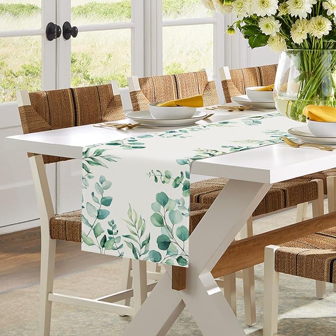 Bonhause Eucalyptus Leaves Table Runner 13x90 Inch Green Leaf Plants Spring Summer Seasonal Holiday Kitchen Dining Table Decoration for Indoor Outdoor Home Party Decor