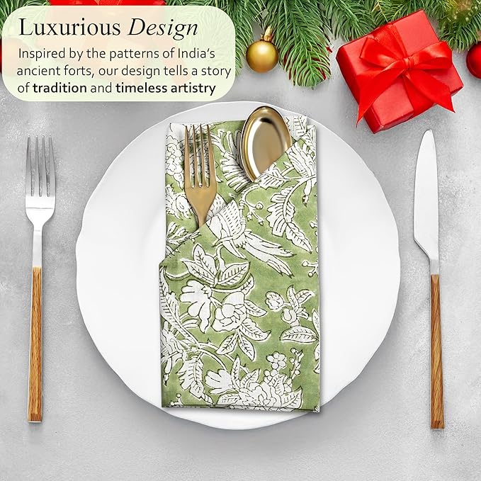 CPC Olive Green Indian Block Print Cotton Cloth Napkins Set of 4, 18x18 Reusable Everyday Napkins, Soft, Absorbent, Floral Dinner Napkin, Holiday, Party Gift, Spring,Mother's Day