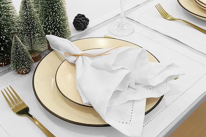 PurpleEssences Set of 12 Hemstitch Cloth Dinner Napkins 100% Cotton - Soft Durable Washable - Ideal for Wedding Spring Easter Summer - Perfect Everyday Use Table Linen 18x18 - White