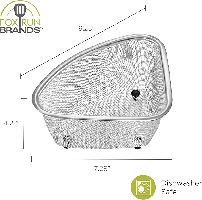 Fox Run Large Stainless Steel Triangular Colander, 3 Quart Pasta Strainer, 7” x 9.25” x 4”
