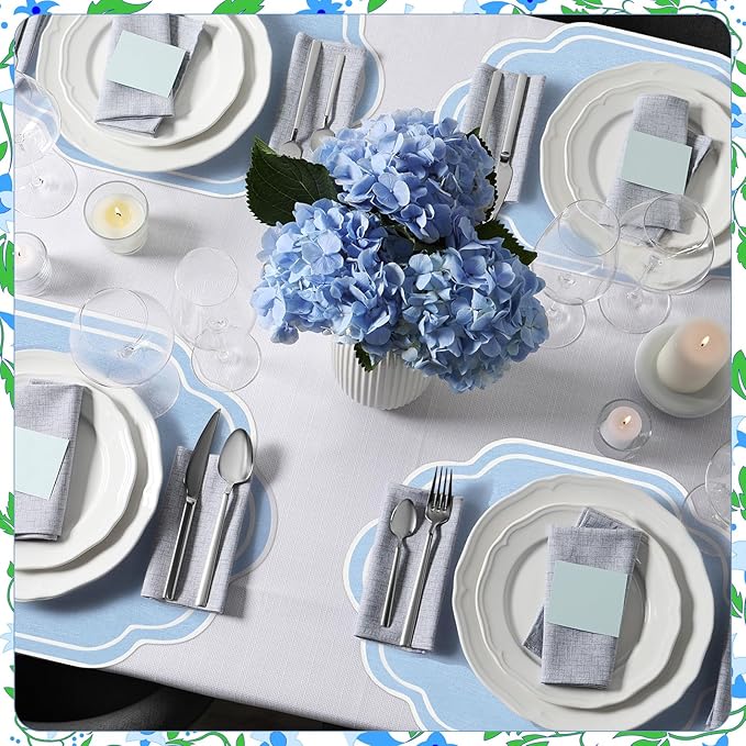 Breling 6 Pcs Wedding Placemats Scalloped Embroidered Cotton Linen Placemats 17" x 13" Double Layered Machine Washable Table Place Mat for Party Table Decor (Light Blue)