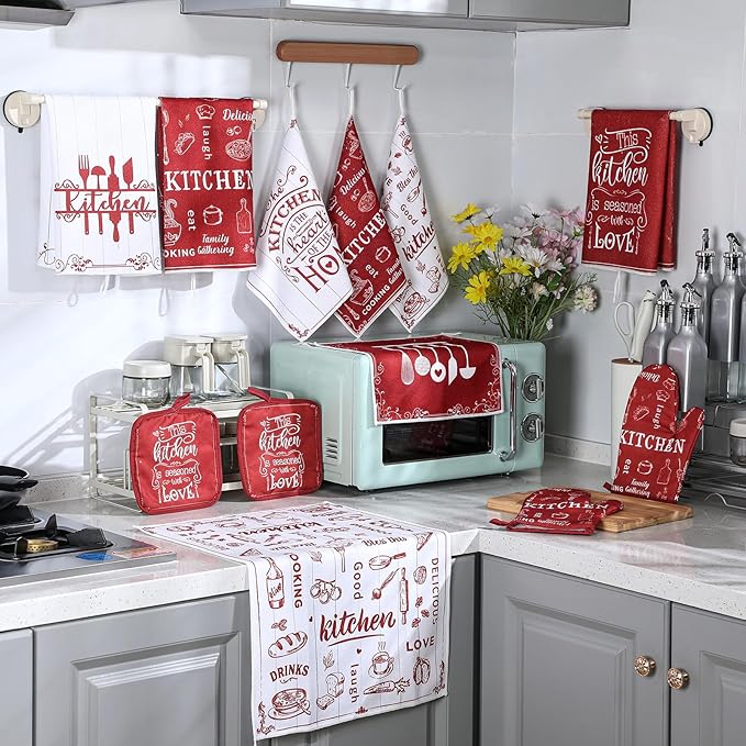 Bencailor 12 Pcs Farmhouse Kitchen Decor and Accessories Sets 4 Red Kitchen Towels 4 Absorbent Dishcloths 2 Pot Holders 2 Oven Mitts Gloves for Home Decor Mom Gifts