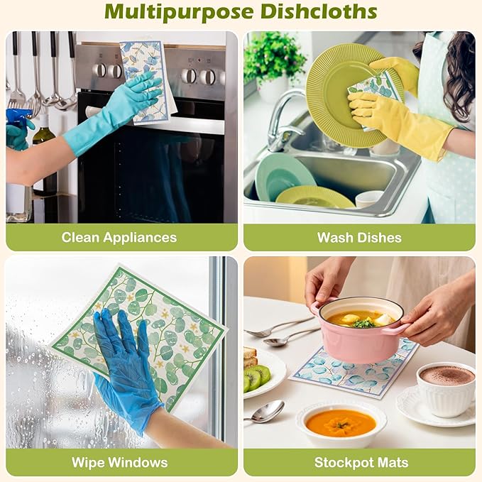 6 Packs Swedish Paper Cloths for Kitchen, Reusable Paper Towels Washable Dish Rags, Highly Absorbent Kitchen Towels Quick Drying Swedish Sponge Cleaning Dish Cloths(Eucalyptus Leaves)