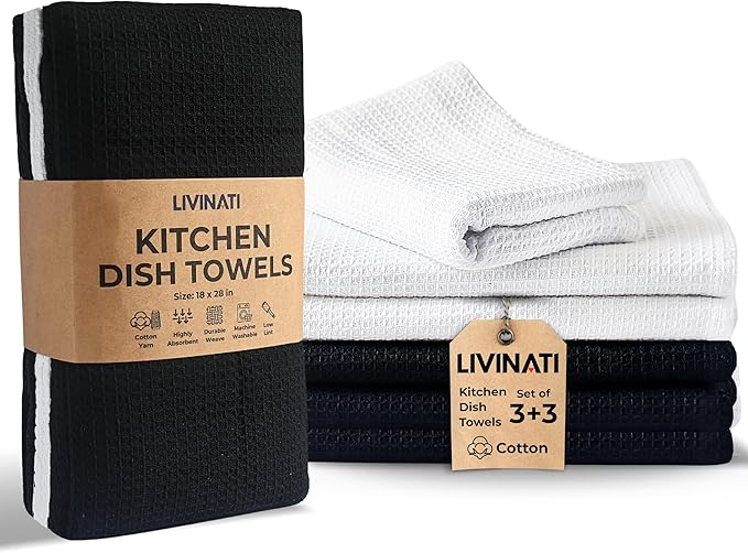 Highly Absorbent Cotton Dish Towels for Drying - Set of 3+3 - Black + White - 18"X28" Lint Free Waffle Weave Cloth Linen Hand Bathroom Bulk Dishtowels