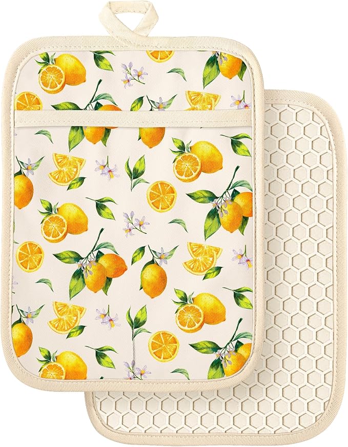 Slohif Silcone Lemon Pot Holders for Kitchen - 100% Cotton Beige Cute Oven Potholders with Pockets, Heat Resistant Square Thick Hot Pads, House New Home Baking Baker Gifts,2pack