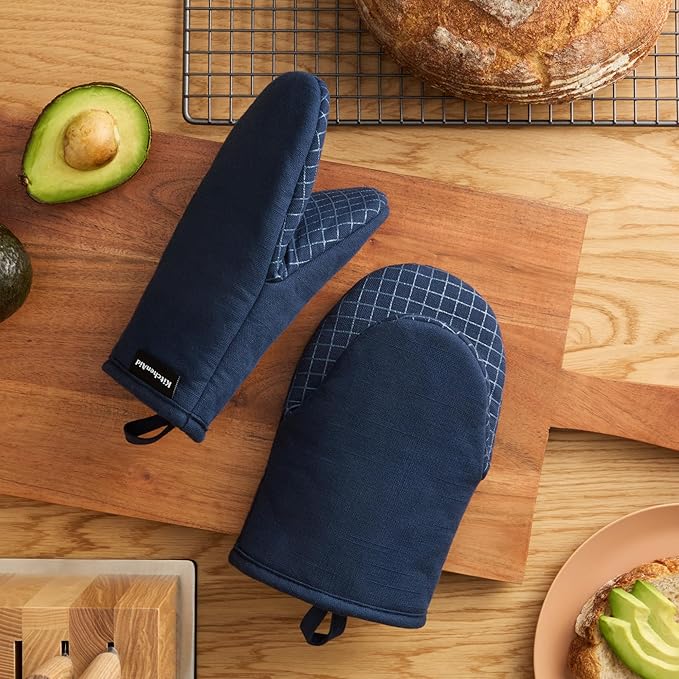 KITCHENAID Gourmet Series Gridlines Mini Oven Mitts 2-Pack Set, Heat Resistant up to 600°F, Soft Silicone Grip, Magnetic Cuff, Ink Blue, 5.5"x9"