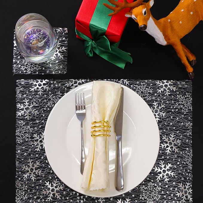 Snowkingdom Christmas Snowflake Silver Table Runner 11 Inch x 100 Feet Sparkly Silver Foil Glitter Metallic Mesh Runners Dining Table Decorations for Seasonal Winter Xmas Festival Holiday Home Party