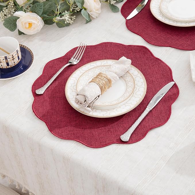 SHACOS Scalloped Round Placemats Set of 6 Polyester Linen Blend 15 inch Washable Non Slip Place Mats Easy Clean Heat Resistant Table Mats for Kitchen Dining Table Decor, Red