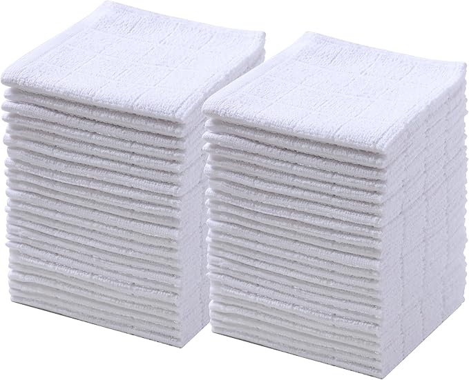 Oeleky Pack of 50 White Kitchen Dish Cloths, Cotton Shop Rags, 11x11 Inches, Absorbent Cleaning Dish Rags for Home and Kitchen (50, White)