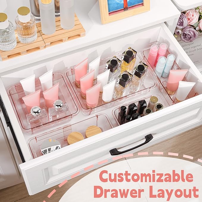 15 Pcs Extendable Clear Drawer Organizer, All Adjustable Vanity Storage Box, 2-Size Desk Drawer Organizer, Acrylic Storage Bins for Makeup, Bedroom Dressers Tool Organizer for Gadgets, Pink