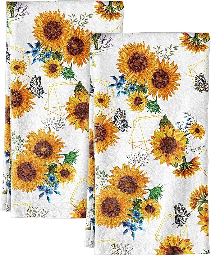 Miss Adola Flour Sack Kitchen Towels - Set of 2 Spring Dish Towels with Hanging Loop 18x26 Inch Absorbent Reusable Cotton Cloths for Cleaning Cute Design Home Decorative Housewarming, Sunflower