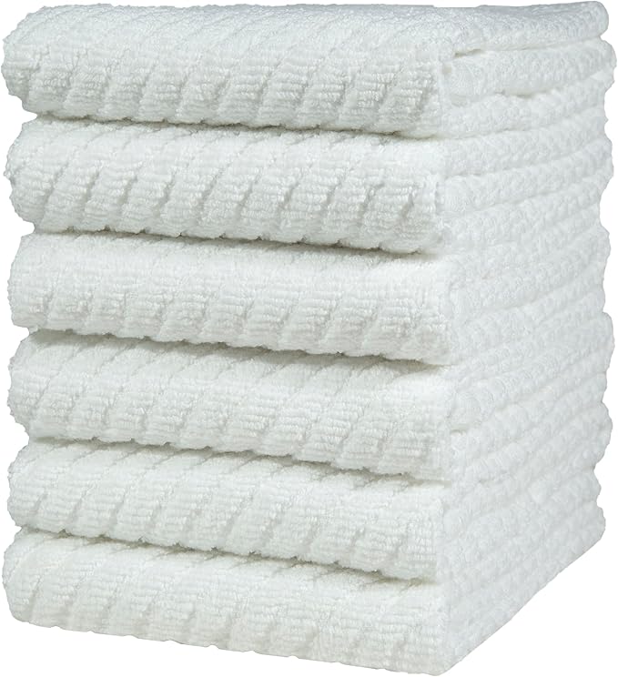 Premium Kitchen Towels (16”x 25”, 6 Pack) | Large Cotton Kitchen Hand Towels | Dish Towels | Diagonal Weave Design | 445 GSM Highly Absorbent Tea Towels Set with Hanging Loop | White