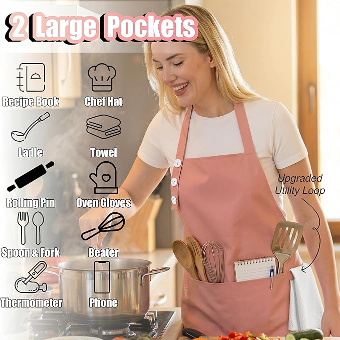 TOSHE Kitchen Apron Waterdrop Resistant Cotton Apron with adjustable Aprons for Women with Pockets 10 Color option Cooking Powder Pink Apron (Powder Pink)