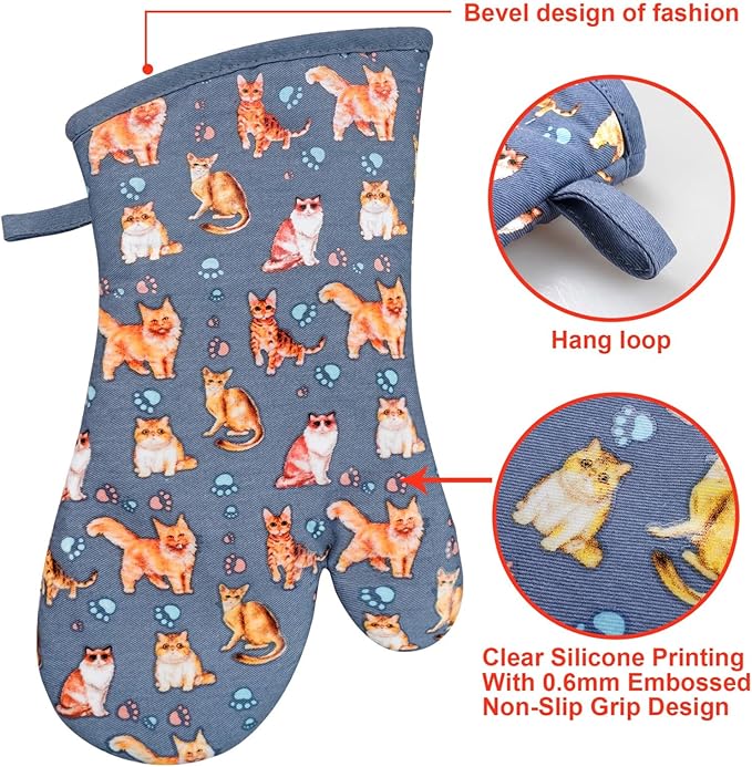 Oven Mitts Gloves 1 Pair Heat Resistant 480 ℉ Non Slip Clear Silicone Printed Cat Comfortable Cotton Lining Kitchen Men Cooking Barbecue Machine Washable (Cat, Grey Mitts)