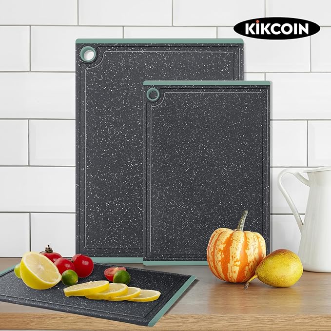 Plastic Cutting Boards for Kitchen, 3-Piece Large Cutting Board Set Dishwasher Safe Chopping Boards with Non-slip Feet and Juice Grooves, Turquoise, Kikcoin