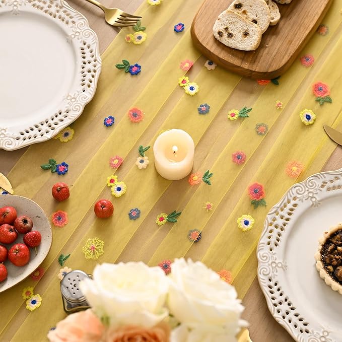 Artoid Mode Yellow Wildflower Floral Gauze Embroidery Table Runner 120 Inch 10FT, Tulle Seasonal Spring Kitchen Dining Table Decor for Home Party