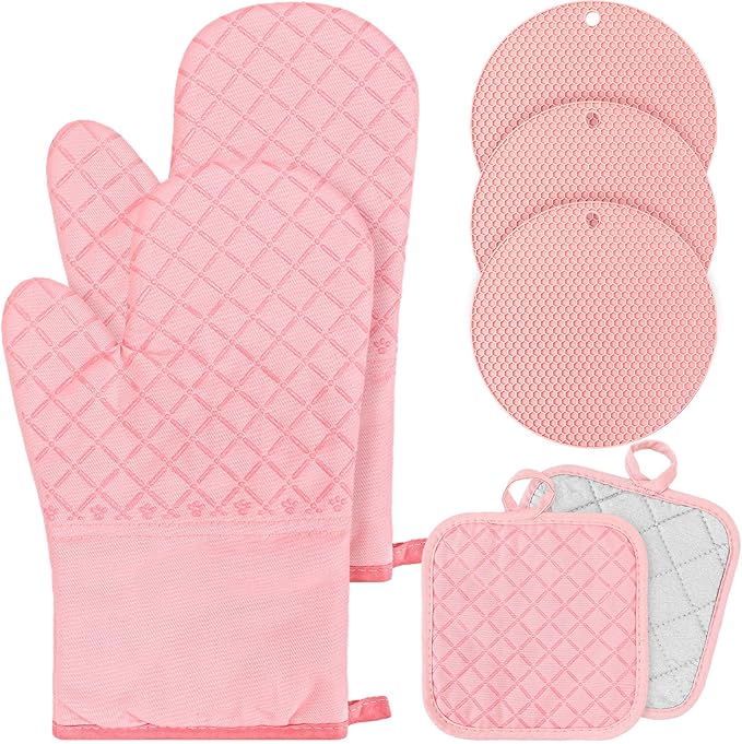 Pink Oven Mitts and Pot Holders 7 Sets, Heat Resistant Kitchen Gloves Pads Potholders for Women Gifts Pot Holders Kitchen Accessories Gift(Pink,Rubber Cotton,Honeycomb)