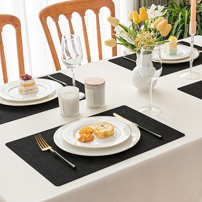 Romanstile Vinyl Placemats Set of 6-12 X 17 Inch - Faux Leather 100% Waterproof Oil-Proof Wipeable Place Mats, Heat Resistant Reversible PU Table Mats for Kitchen Dining Party Outdoor, Black