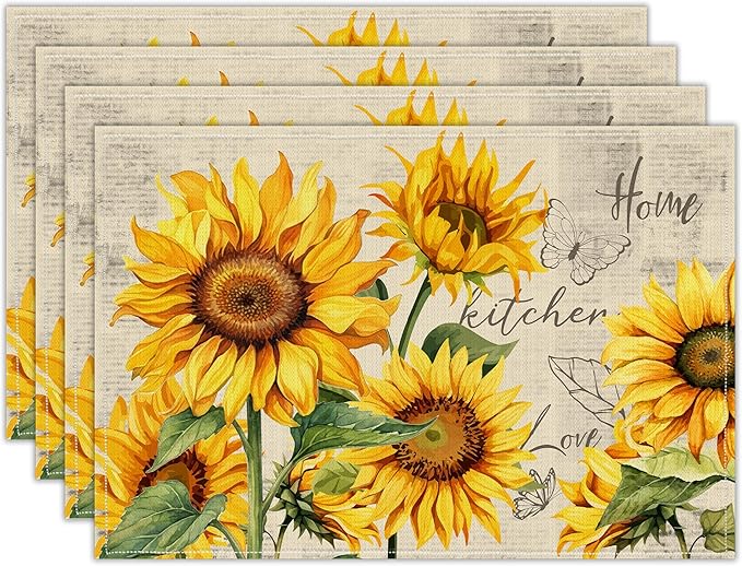 Sunflower Placemats Set of 4, Spring Summer Sunshine Table Mats 12x18 Inch, Farmhouse Washable Table Decor for Kitchen Dining Indoor Outdoor Party Holiday