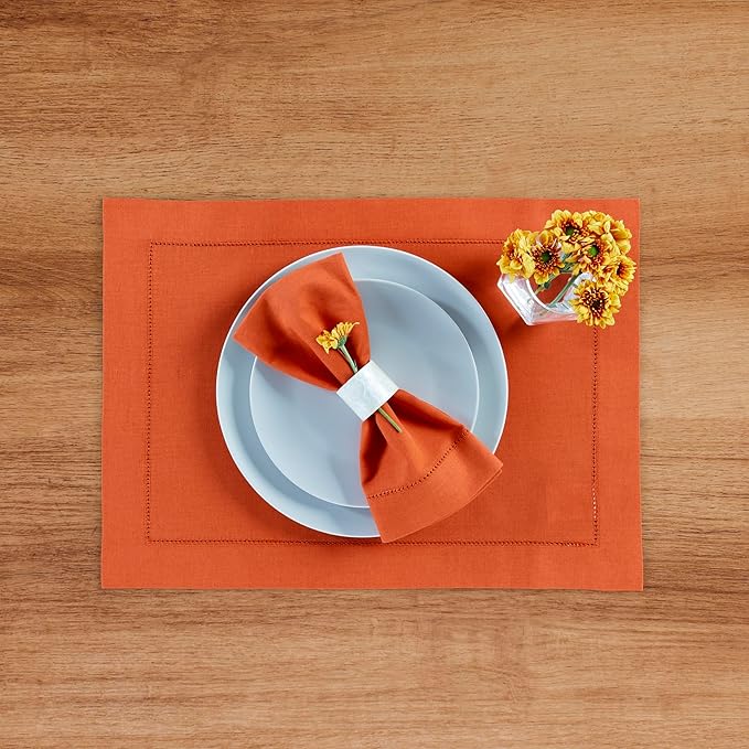 Solino Home Cotton Linen Placemats Set of 4 - Hemstitch Burnt Orange Placemats 14 x 19 Inch - Machine Washable Table Mats