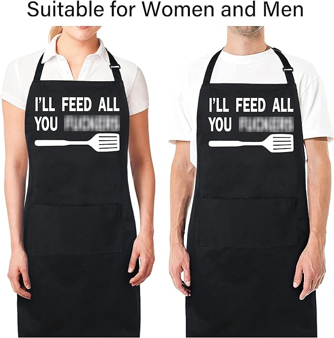 Xornis 100% Cotton Funny Apron with 2 Pockets for Men Women BBQ Grilling Adjustable Bib Black Aprons Gifts Cooking Kitchen