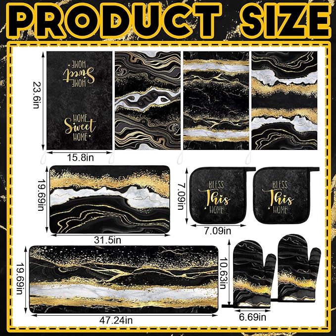 Fourluoo 10 Pcs Marble Farmhouse Kitchen Decor Accessories Set Marble Kitchen Dish Towels Rugs Oven Mitts and Pot Holders Sets for Cooking Baking(Black Gold,Modern)