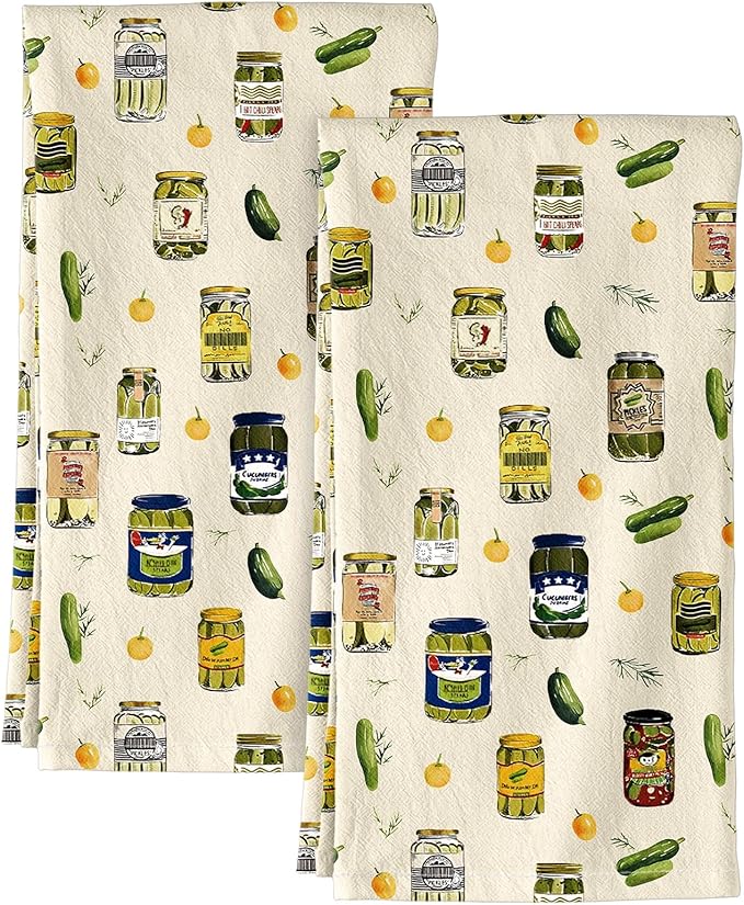Miss Adola Flour Sack Kitchen Towels - Set of 2 Spring Dish Towels with Hanging Loop 18x26 Inch Absorbent Reusable Cotton Cloths for Cleaning Cute Design Home Decorative Housewarming, Canned Kimchi